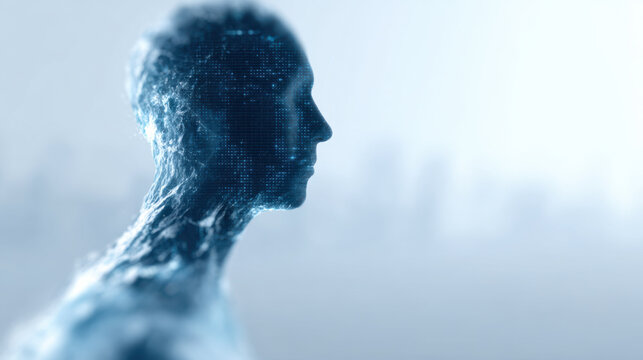 Artificial intelligence technology with digital human face symbolizes future innovation and climate change awareness technology