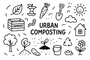 Urban Composting Doodles. Hand-drawn doodle illustration Urban composting [compost bin, leaf, apple core, carrot, shovel, worm, soil, bucket, recycle symbol,