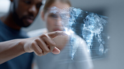 Digital world map with climate data interaction using ai technology by two people pointing on screen