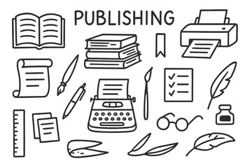 Publishing Tools Icons. Publishing. Hand-drawn doodle illustration open book, stack of books, printer, typewriter, scroll, ink pen, paper sheets, ruler,