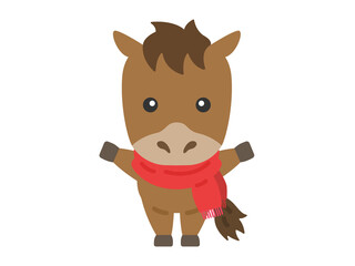 マフラーを巻いた、馬のキャラクターのイラスト｜午年素材