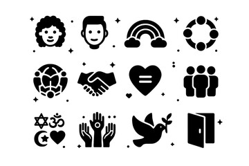 Diverse Unity Icons. Diversity. Solid icons set of diverse faces, rainbow, inclusive circle, global unity, handshake, equal sign heart, group of people,