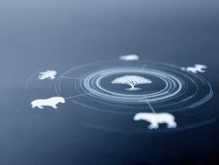 Tree with animal icons connected in circular technology interface showing climate with ai innovation