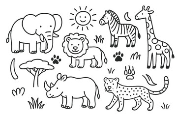 Savanna Animal Doodles. Hand-drawn doodle illustration African savanna animals elephant, lion, zebra, giraffe, rhino, cheetah,