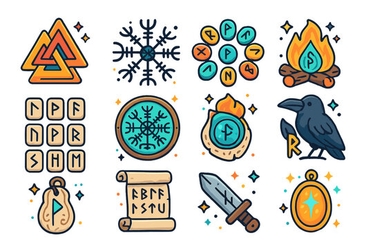 Colorful Rune Symbols. Colorful isometric vector icons set of runes and symbols: Valknut triangle, Helm of Awe, rune stones in circle, Elder Futhark runes,