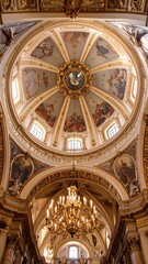 Fototapeta premium Ornate church dome interior with intricate paintings and a grand chandelier