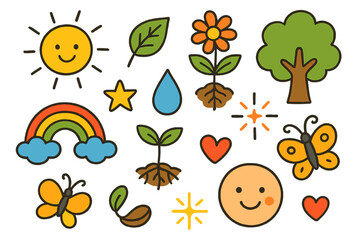 Fototapeta premium Sun's Vibrant Energy Icons. Colorful Hand-drawn doodle Children illustration Energy of the Sun [sun, leaf, sprout, flower, tree,