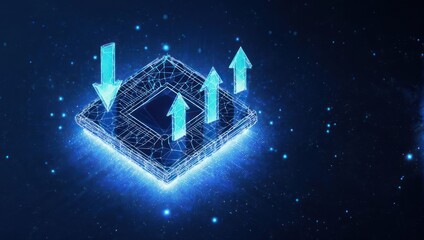 Dynamic digital network processors with upward trending arrows symbolize data growth and technological advancement in a futuristic abstract background.