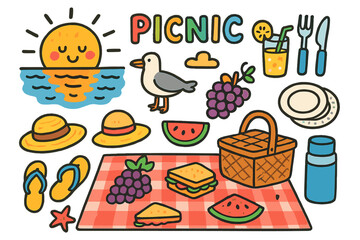 Seaside Picnic Delight. Colorful Hand-drawn doodle Children illustration [Seaside sunset picnic] [sunset, picnic basket, blanket, grapes, sandwich, watermelon,
