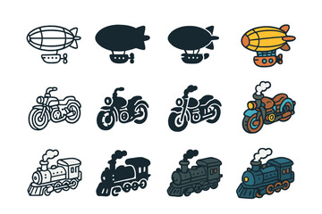 Steampunk Vehicles Icons. Icon Set of Steampunk vehicles: airship, steam-powered motorcycle, armored train. Icons set in vector style, emblematic variations.