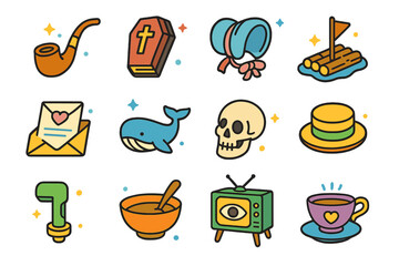 Classic Literature Icons. Colorful isometric vector icons set of famous classic literature icons: Sherlock Holmes pipe, Dracula?s coffin book, Jane Eyre