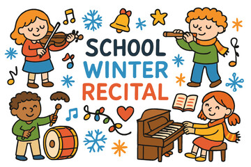 School Winter Recital. Colorful Hand-drawn doodle Children illustration School Winter Recital [student, violin, piano, flute, drum, music note, snowflake,