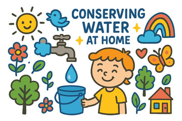 Conserve Water Doodle. Colorful Hand-drawn doodle Children illustration Conserving Water at Home faucet, bucket, water droplet, rainbow, child smiling, flower,