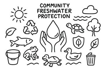 Freshwater Protection Icons. Hand-drawn doodle illustration Community freshwater protection [hands holding water, droplet, recycling symbol, fish, turtle,