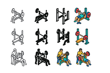 Strength Coaching Icons. Icon Set of Strength coaching: bench press, squat rack, coach spotting. Icons set in vector style, emblematic variations. Bench press