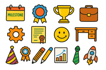 Workplace Milestone Doodles. Colorful Hand-drawn doodle Children illustration Workplace Milestone calendar, ribbon, trophy, briefcase, gear, certificate,