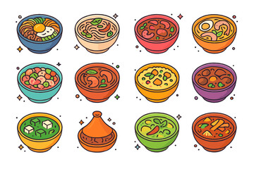 Global Cuisine Icon Set. Colorful isometric vector icons set of global bowl dishes: bibimbap, pho, gumbo, laksa, ceviche bowl, tom yum soup, couscous bowl,