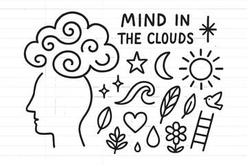 Mind in the Clouds. Hand-drawn doodle illustration Mind in the Clouds [person head outline, swirling cloud, star, moon, sparkle, sun, spiral, wave, feather,
