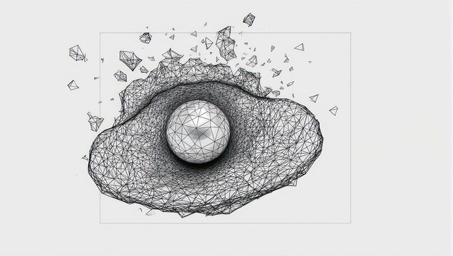 Dynamic abstract geometric explosion with central sphere creating a sense of powerful digital transformation and innovation.