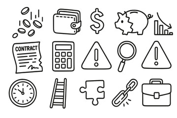 Financial Doodle Icons. Hand-drawn doodle illustration financial pitfalls falling coins, wallet empty, piggy bank broken, bar chart down, dollar sign, contract