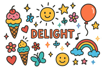 Fototapeta premium Whimsical Delight Icons. Delight. Colorful Hand-drawn doodle Children illustration Delight ice cream, cupcake, balloon, rainbow, sunshine, star, heart,