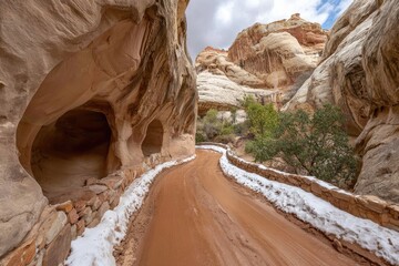 Desert road winds through sandstone canyon, snow-covered