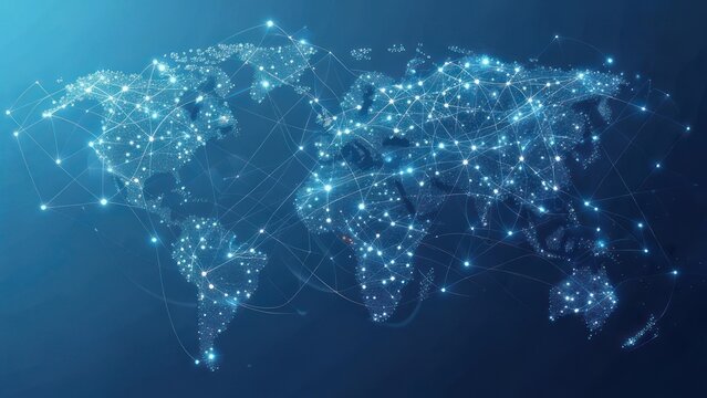 Global network connections illuminate the world map, signifying digital communication and interconnectedness for modern business strategies.