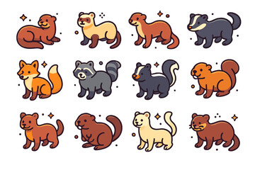 Obraz premium Colorful Animal Icons. Colorful isometric vector icons set of animals related to mink: otter, ferret, weasel, badger, fox, raccoon, skunk, beaver, pine marten,
