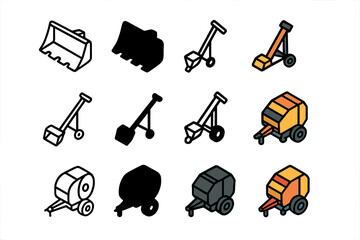 Agricultural Icons Collection. Icon Set of Agricultural Risks: Tractor blade, Grain auger, Hay baler. Icons set in vector style, emblematic variations. Tractor