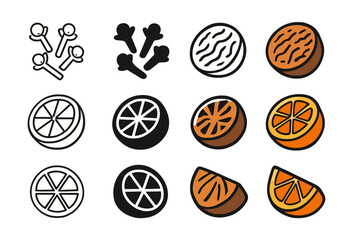 Cider Spice Icons. Icon Set of Cider Spices: Cloves, Nutmeg, Orange slice. Icons set in vector style, emblematic variations. Cloves line, Cloves solid black