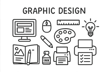 Graphic Design Tools. Graphic Design. Hand-drawn doodle illustration catalog mockup, computer screen, mouse, ruler, pencil, sketchbook, palette, typewriter,