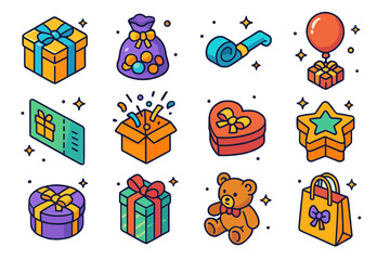 Colorful Party Icons. Party gifts. Colorful isometric vector icons set of party gifts: shiny present box, candy bag, toy whistle, balloon gift, gift voucher,