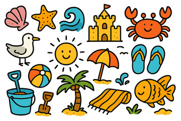 Beach Doodle Fun. Colorful Hand-drawn doodle Children illustration Shore seashell, starfish, wave, sandcastle, beach umbrella, crab, seagull, sun, flip-flops,