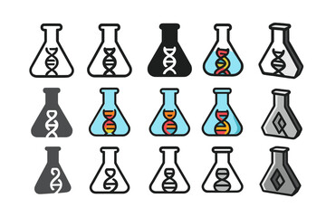 Science Flask Logos. Set Logo of Flasks: Scientific flask with DNA icon inside. Logo set in vector style, emblematic variations. line, bold thick line, solid