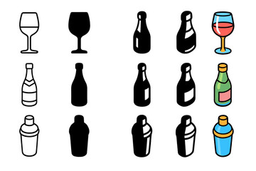Grand Dinner Drink Icons. Icon Set of Drinks at Grand Dinner: Red wine glass, Champagne bottle, Cocktail shaker. Icons set in vector style,