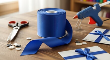 A wooden table surface displays craft supplies, including a roll of royal blue ribbon, scissors, buttons, and a hot glue gun, ready for creating or decorating.