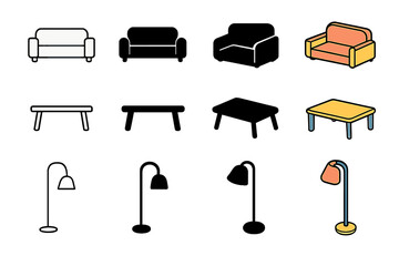 Minimalist Living Room Icons. Icon Set of Minimalist Living Room: Low sofa, Coffee table, Floor lamp. Icons set in vector style, emblematic variations. Low