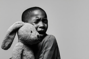 child holding stuffed toy close to their face crying on plain background