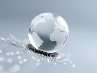 Crystal globe with continents on microchip symbolizing climate with ai technology innovation and global connection