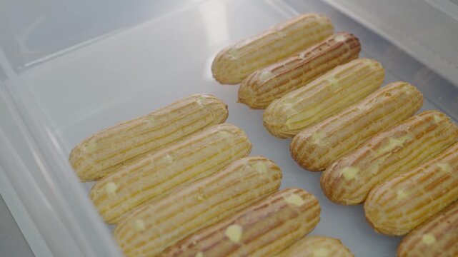 Rows of freshly made eclairs rest inside a well-lit display refrigerator, showcasing their creamy filling and crisp, golden exterior perfect for any pastry shop display.