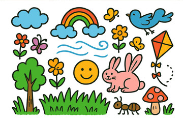 Fototapeta premium Whimsical Nature Doodles. Colorful Hand-drawn doodle Children illustration Field and sky cloud, sun, bird, flower, grass, tree, butterfly, breeze lines,