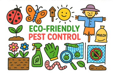Eco-Friendly Garden Doodles. Colorful Hand-drawn doodle Children illustration Eco-friendly pest control ladybug, butterfly, smiling sun, plant, birdhouse,