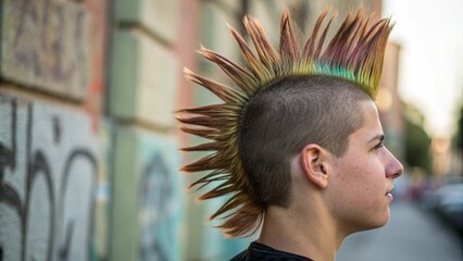 Close Up of Punk Spike Hair with Vibrant Neon Colors in Urban Background