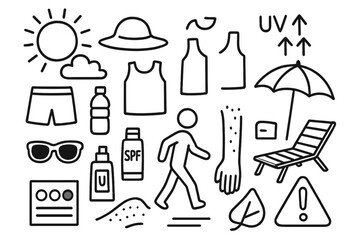 Sun Safety Essentials. Hand-drawn doodle illustration Outdoor sun exposure [bright sun, cloud, hat, shorts, sleeveless shirt, water bottle, sunglasses,