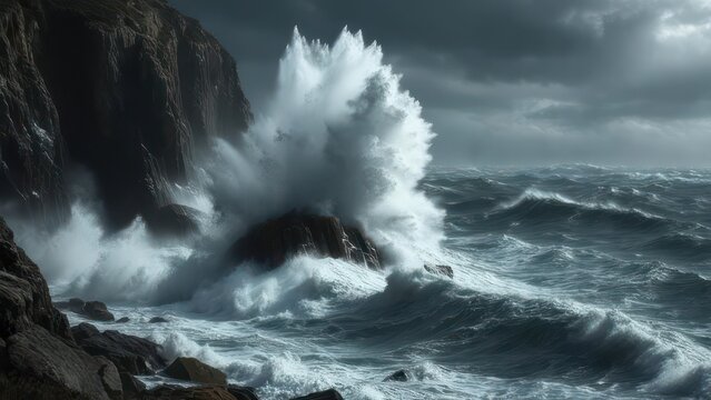 Dramatic ocean waves crash against rugged cliffs under a stormy, overcast sky, showcasing nature's raw power and untamed beauty