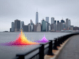 Digital data visualization with ai technology shows colorful peaks near waterfront in urban climate setting
