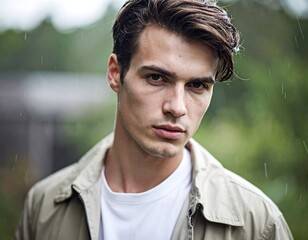 Close-up portrait of a man outdoors in the rain