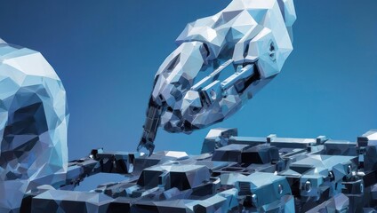 Dynamic robotic hand interacting with futuristic crystalline structures, representing innovation and advanced technology in a digital world.