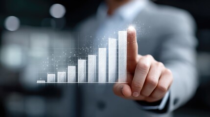 Businessman Interacting with Holographic Growth Chart in Dark Blue Gradient Background and Gray Suit Focus on Finger Bright White Bars and Digital Particles