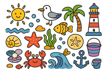 Fototapeta premium Seashore Treasure Doodles. Colorful Hand-drawn doodle Children illustration Seashore treasures shell, starfish, crab, pearl, seaweed, fish, anchor, sand